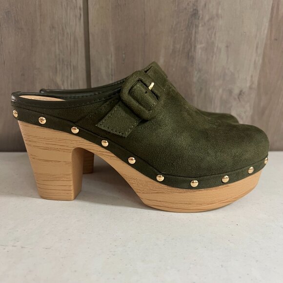 Atalina Olive Green Suede Clogs Wedge Heel - Size 7.5 - Lightweight Side - Picture 5 of 9